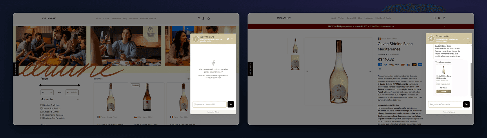 Loja Delwine: página inicial e página de produto, desenvolvidas pela iTalents na Shopify
