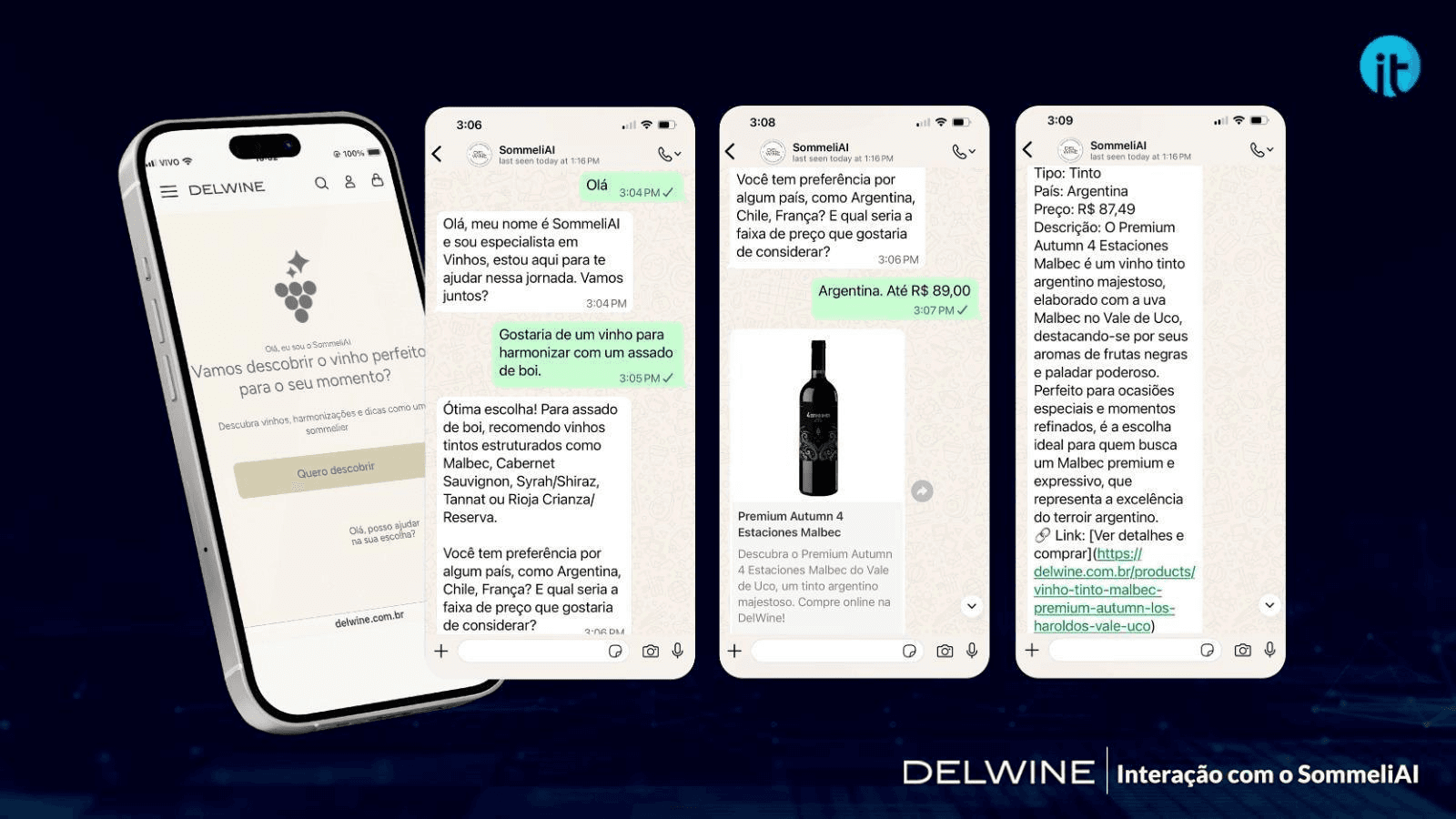 Conversa com o SommeliAI no WhatsApp recomendando um vinho na loja Delwine